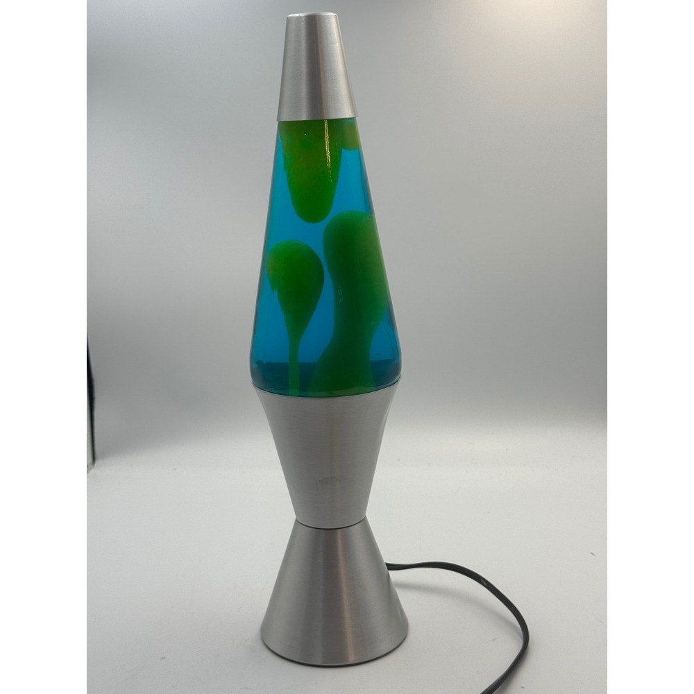 Vintage Lava Lite Lamp Blue Liquid Green Wax Brushed Silver Base 2001 E127444 - Picture 2 of 14